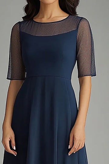 Navy A Line Chiffon Midi Mother of the Bride Dress
